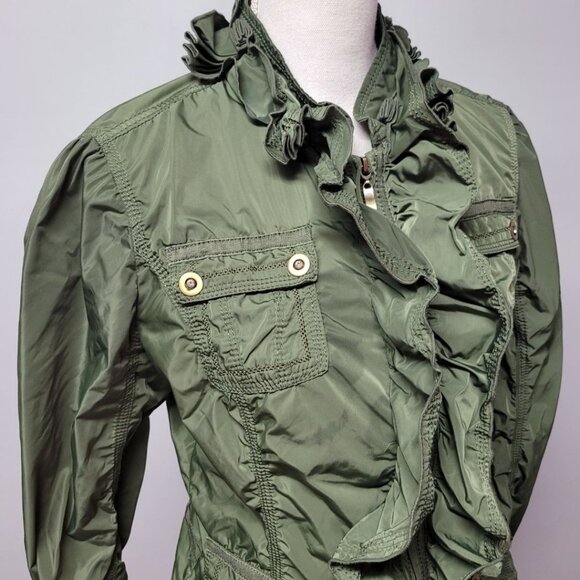 White House Black Market Ruffle Jacket Zip Pocket Green Womens Small Lightweight - Picture 2 of 11